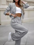 Fashion Striped Suits Casual Lapel Long Sleeve Cropped Top And Straight Pants
