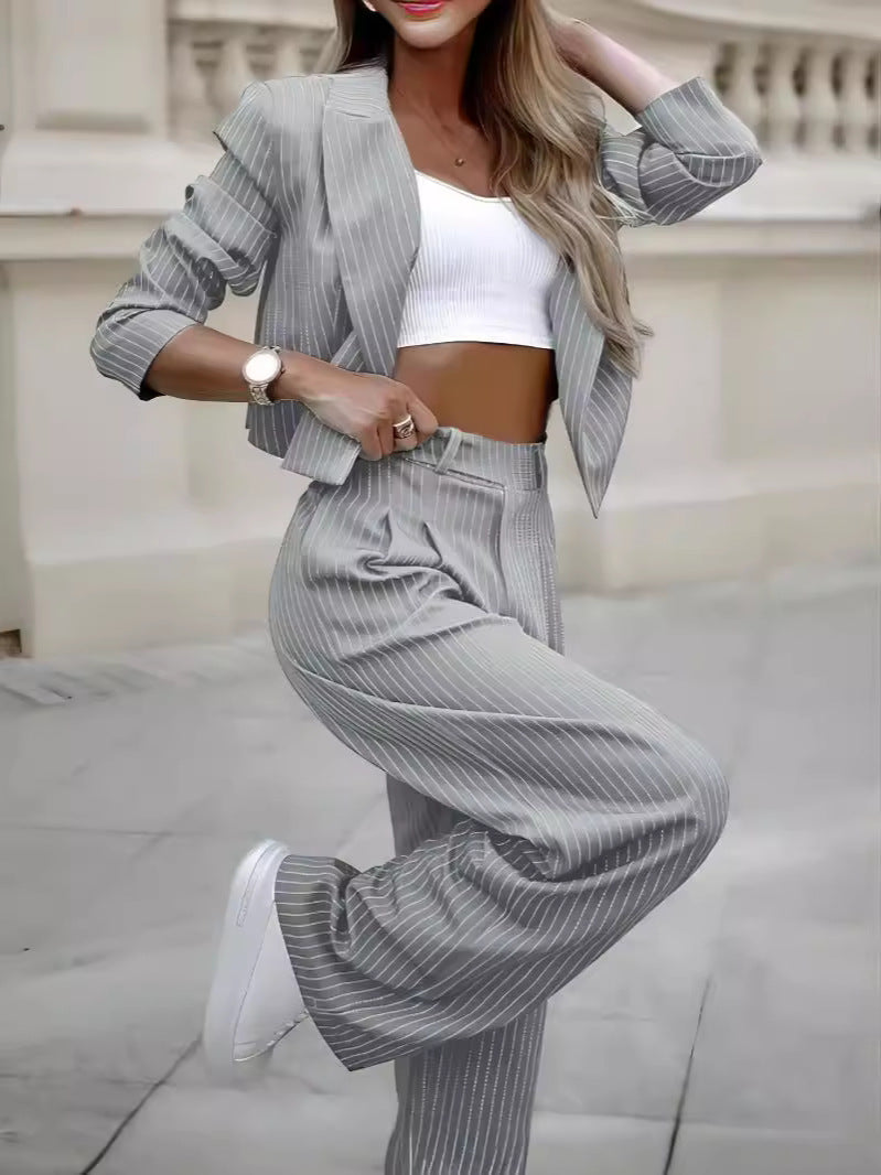 Fashion Striped Suits Casual Lapel Long Sleeve Cropped Top And Straight Pants