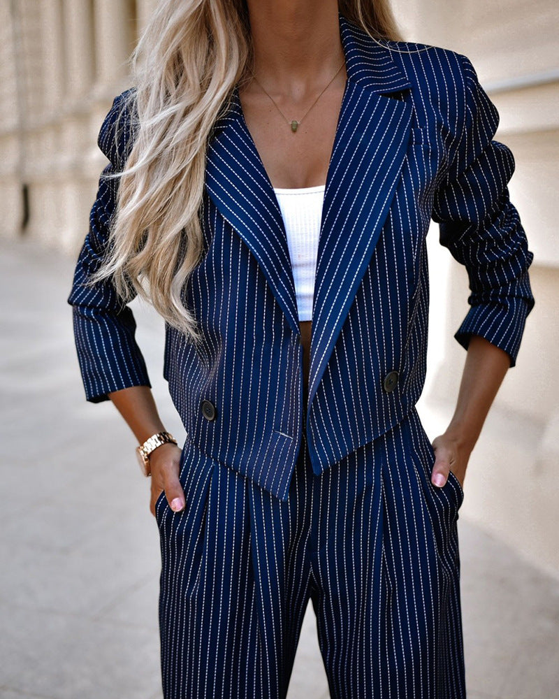 Fashion Striped Suits Casual Lapel Long Sleeve Cropped Top And Straight Pants