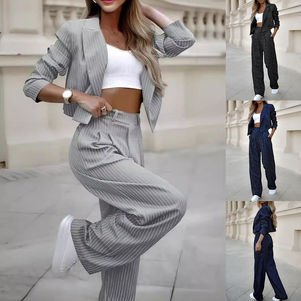 Fashion Striped Suits Casual Lapel Long Sleeve Cropped Top And Straight Pants