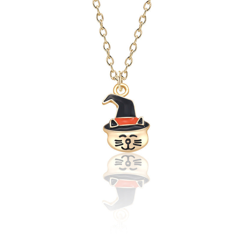 Halloween Oil Drop Pumpkin Cat Necklace