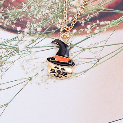 Halloween Oil Drop Pumpkin Cat Necklace