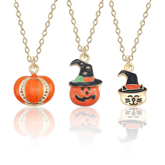 Halloween Oil Drop Pumpkin Cat Necklace