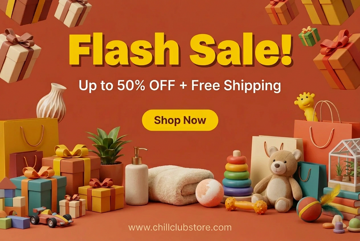Promotional sale graphic with the text 'Flash Sale! Up to 50% OFF + Free Shipping' and a 'Shop Now' button, surrounded by gift boxes, shopping bags, a towel, a small plant, a stacking toy, a teddy bear, and other baby or household items on a warm orange background.